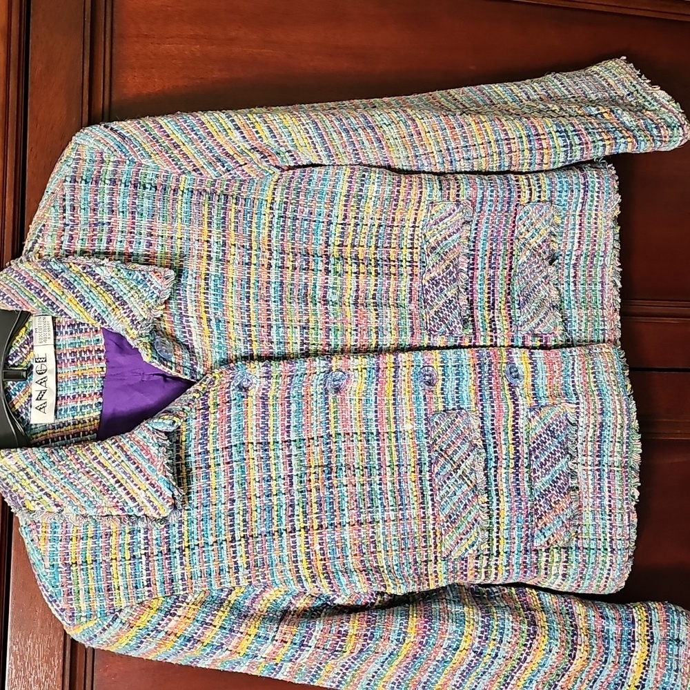 Vintage Anage Multicolor Woven Blazer, Tweed W/ Seqins & Fringed Edges
